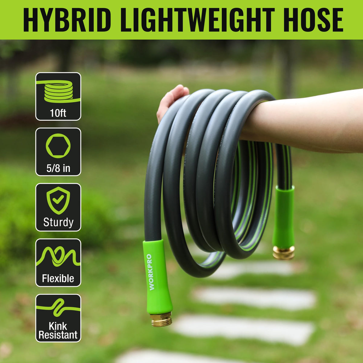 WORKPRO Garden Hose 5/8 in x 10 FT, Heavy Duty, Flexible, Lightweight Water Hose with 360° Rotation Handle, 3/4" GHT Solid Brass Fittings, for Outdoor, Lawn, Garden & Yard, Car Wash 🍁 All In One Marketplace Canada