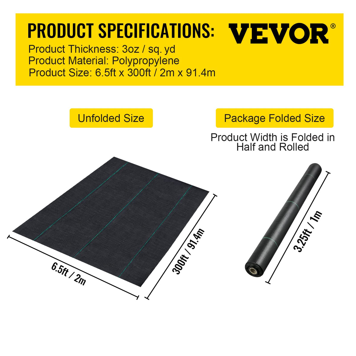 VEVOR 6.5FTx300FT Premium Weed Barrier Fabric Heavy Duty 3OZ, Woven Weed Control Fabric, High Permeability Good for Flower Bed, Geotextile Fabric for Underlayment, Polyethylene Ground Cover 🍁 All In One Marketplace Canada