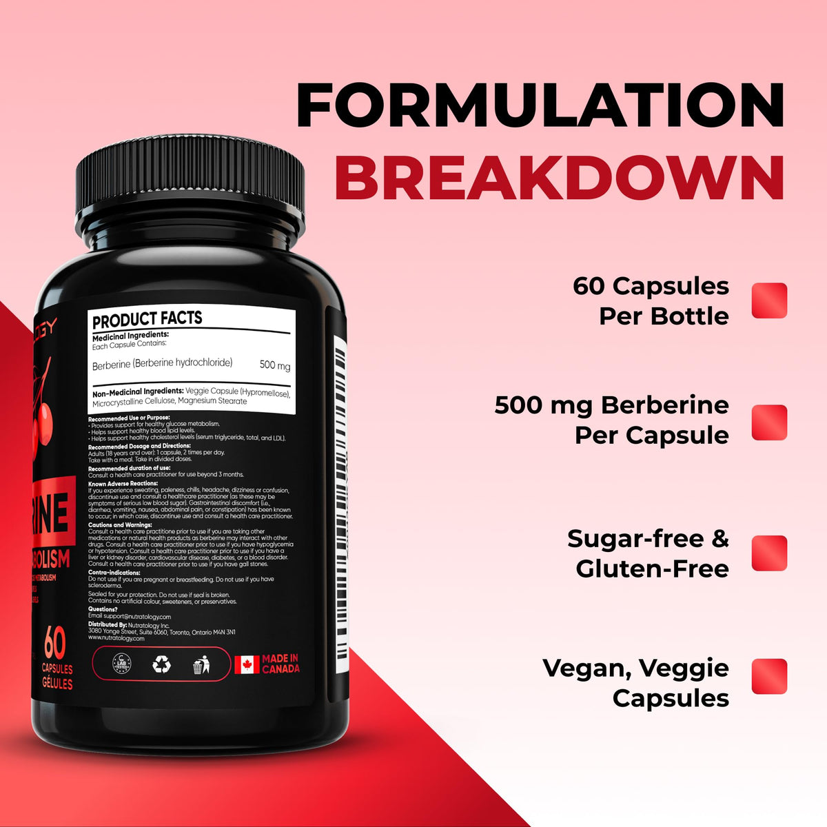 Nutratology® Berberine Supplement | Canadian-Made | Max Potency 500MG Per Capsule - Supports Glucose Metabolism & Healthy Blood Sugar Levels Through Efficient Metabolism Of Sugar & Fats - 60 Capsules 🍁 All In One Marketplace Canada