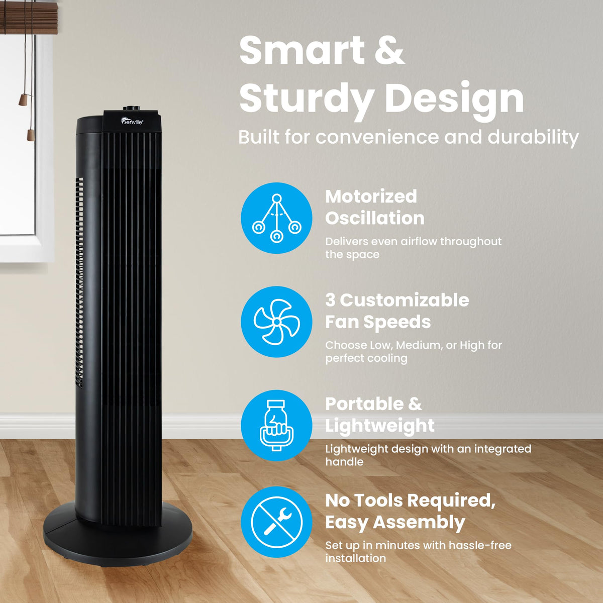 Senville 27" Standing Fan for Bedroom and Home with 60° Oscillation, 3 Speed, Compact Space-Saving Design, SENFZ10-19M 🍁 All In One Marketplace Canada