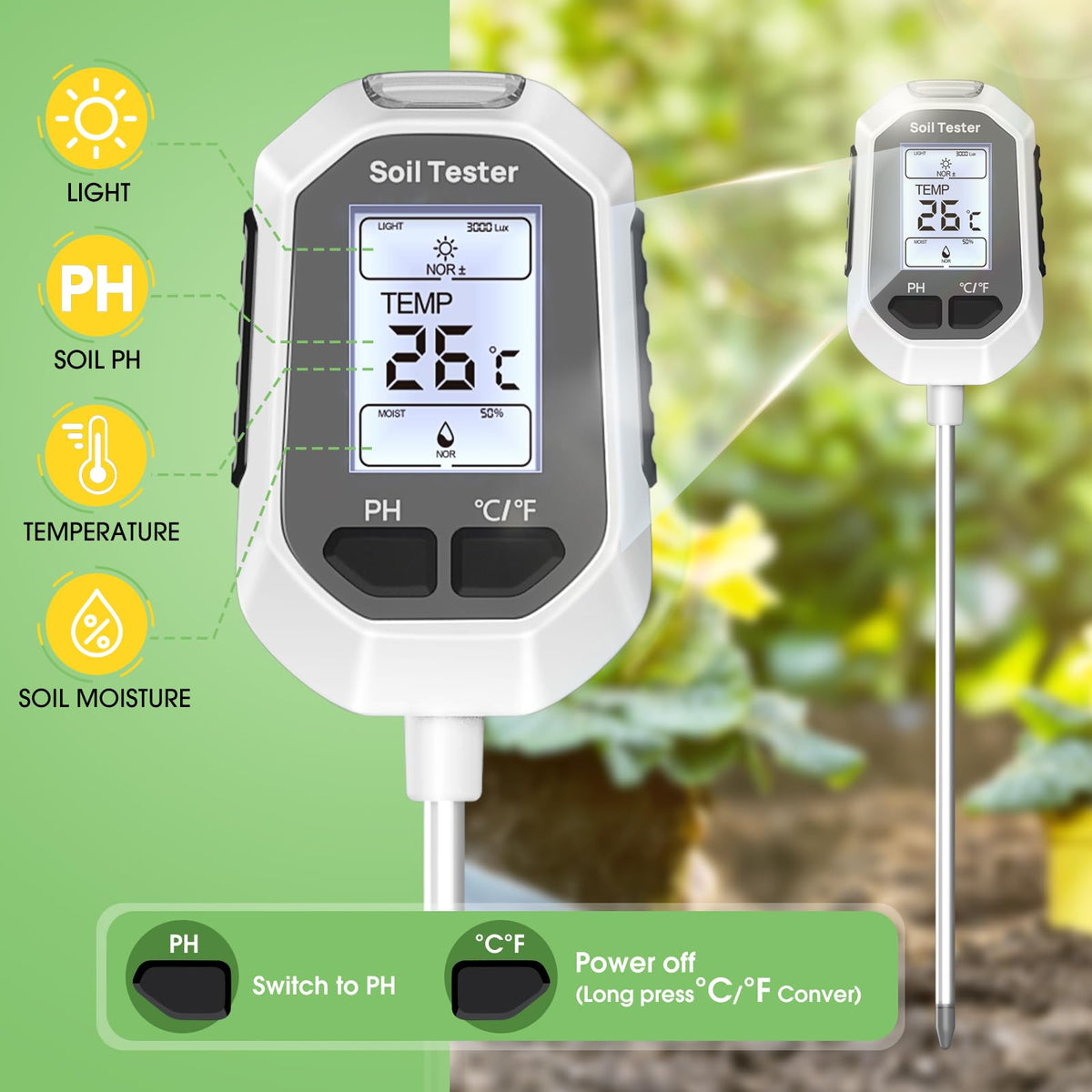 4-in-1 Soil Moisture Meter Digital Plant Temperature/Soil Moisture/PH Meter/Sunlight Intensity Backlight LCD Display Soil Test Meter for Gardening, Farming and Outdoor Plants 🍁 All In One Marketplace Canada