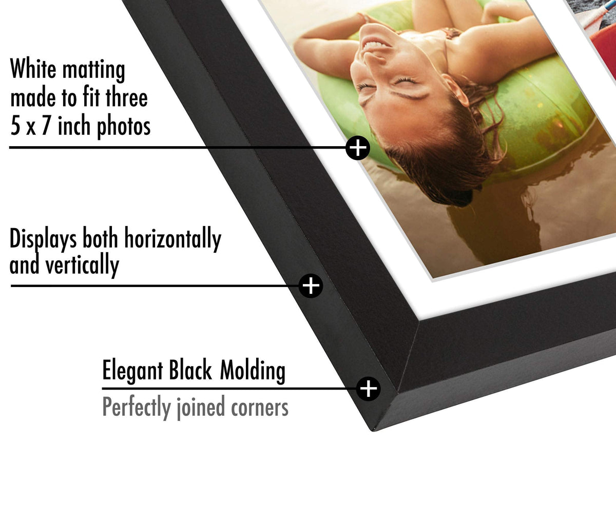 Americanflat 5x7 Picture Frame Collage with Shatter-Resistant Glass - Fits Three 5x7 Photos or Use as One 8x16 Frame - Signature Collection - Collage Frames for Tabletop and Wall Display - Black 🍁 All In One Marketplace Canada