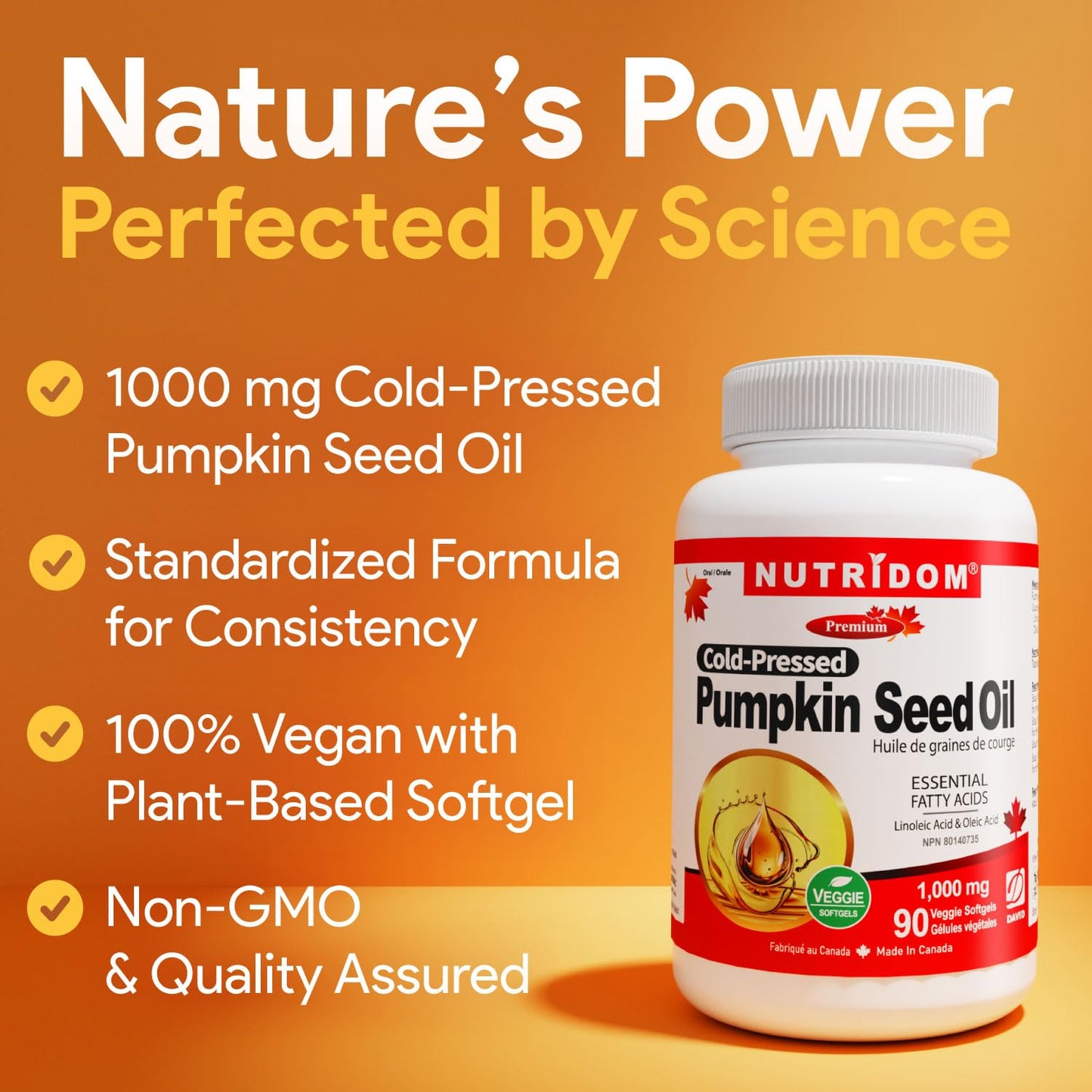 Nutridom Pumpkin Seed Oil Capsules 1000 mg, 90 Veggie Softgels, Cold-Pressed, Essential Fatty Acids, Linoleic & Oleic Acid, Vegan, Non-GMO, Gluten Free, Soy Free, Made in Canada 🍁 All In One Marketplace Canada