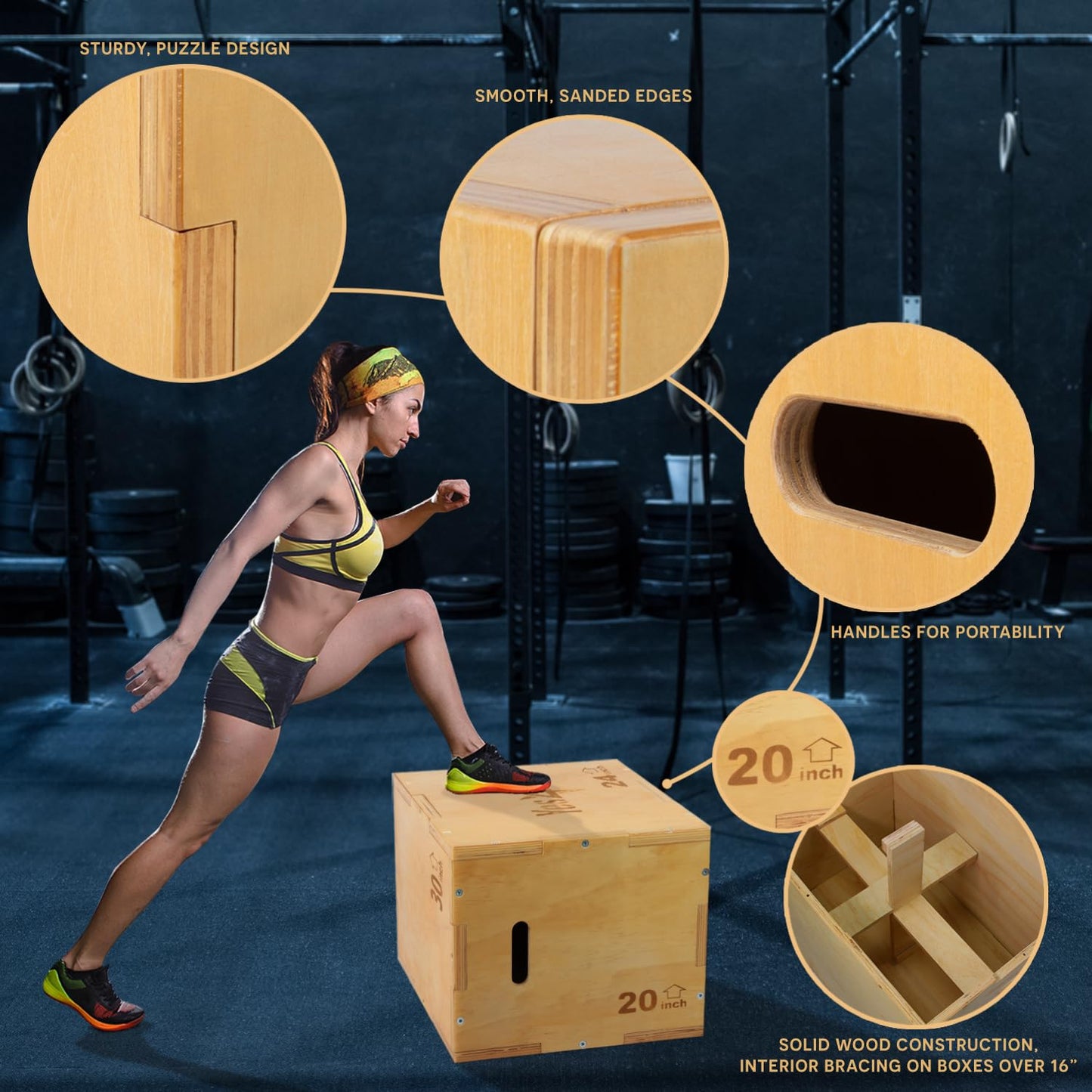 Yes4All 3-in-1 Wooden Plyo Box, Jumping Plyometric Step Platform for Home Gym, 450lb Capacity with Wide Built-in Handles (16"x14"x12" - Basic Wood Finish) 🍁 All In One Marketplace Canada
