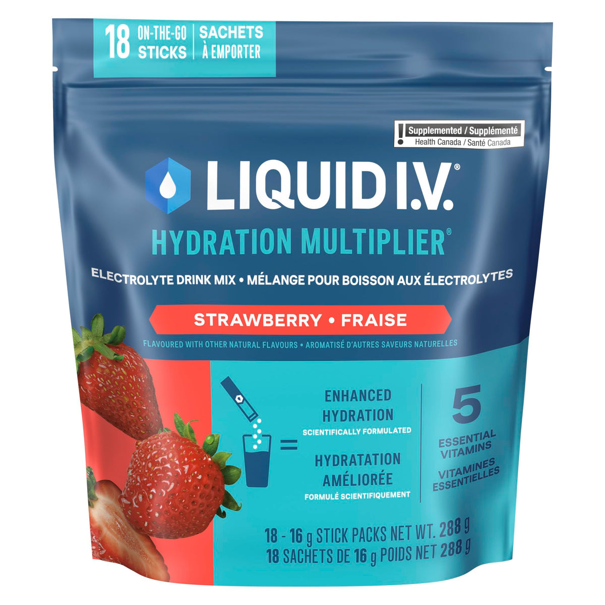 Liquid I.V. Hydration Multiplier Electrolyte Drink Mix - Enhanced Hydration Electrolyte Powder with Vitamins B3, B5, B6, B12 and C -18x On-the-go Sticks for Workout and Travel - Strawberry 🍁 All In One Marketplace Canada