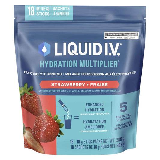Liquid I.V. Hydration Multiplier Electrolyte Drink Mix - Enhanced Hydration Electrolyte Powder with Vitamins B3, B5, B6, B12 and C -18x On-the-go Sticks for Workout and Travel - Strawberry 🍁 All In One Marketplace Canada