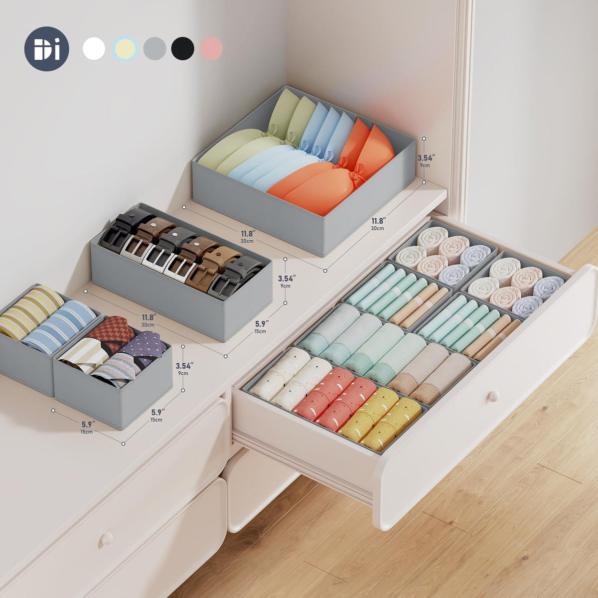 DIMJ Drawer Organizers Clothes Dresser Organizers - 12 Pack Fabric Closet Dividers Storage Organization, Foldable Nursery Bedroom Bins for Baby Clothing, Underwear, Socks, Bra, Ties (Grey) 🍁 All In One Marketplace Canada