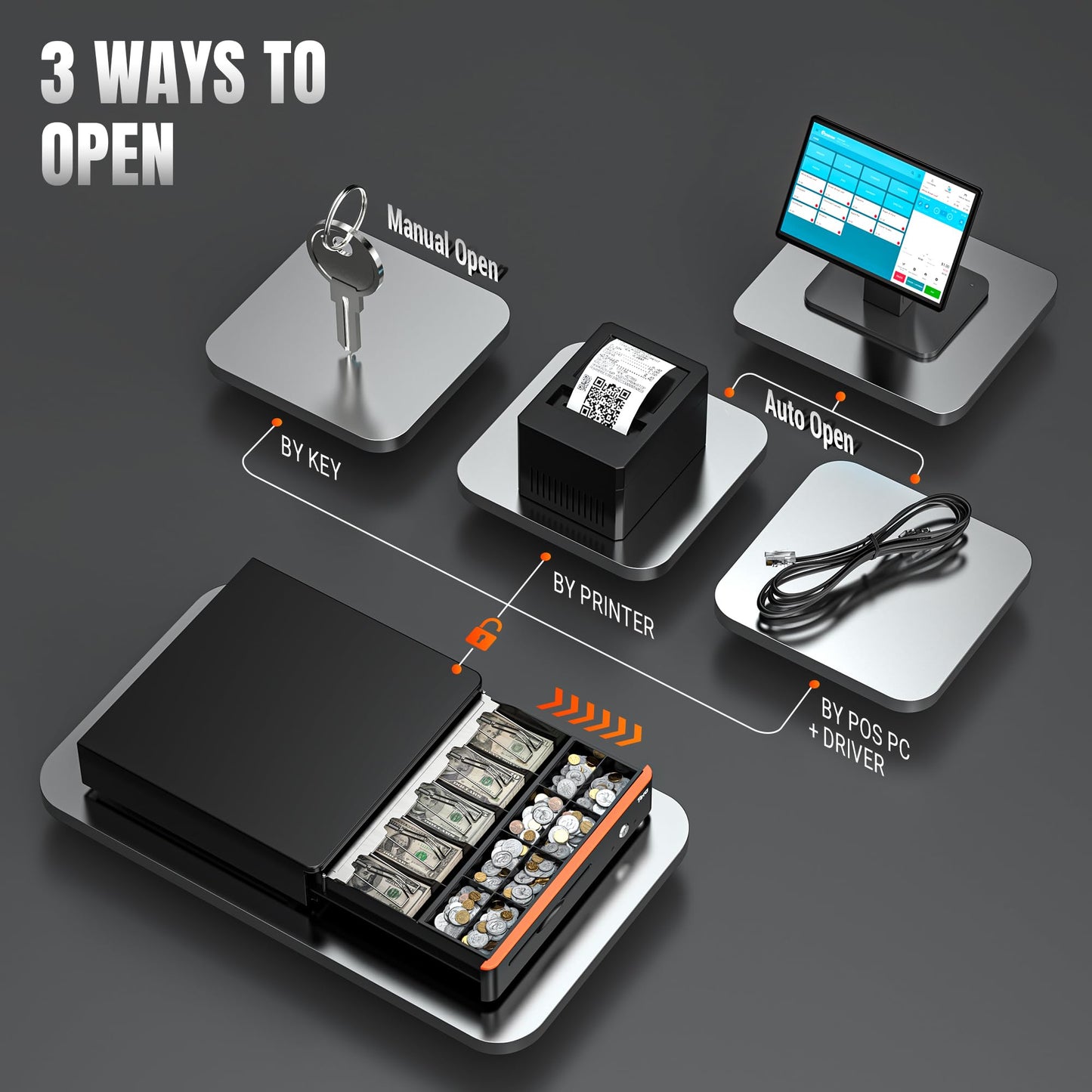 Tera 16" Auto Open Cash Register Drawer Insert Tray 5 Bill 8 Coin for Point of Sale (POS) System with Removable Cash Tray Media Slot 24V RJ12 Key-Lock (Round Corner) for Small Businesses Retail 405R 🍁 All In One Marketplace Canada
