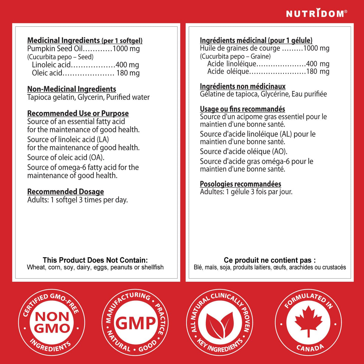Nutridom Pumpkin Seed Oil Capsules 1000 mg, 90 Veggie Softgels, Cold-Pressed, Essential Fatty Acids, Linoleic & Oleic Acid, Vegan, Non-GMO, Gluten Free, Soy Free, Made in Canada 🍁 All In One Marketplace Canada