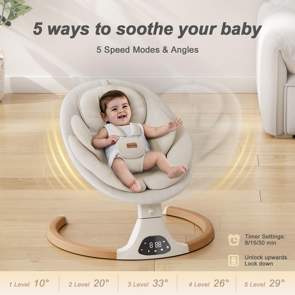 Baby Swings for Infants, Monamii Baby Swing, Bluetooth Infant Swing with Music Speaker, 5 Speeds and Remote Control, Electric Swing for Baby, Portable Baby Swing, Indoor & Outdoor Use (Light Beige) 🍁 All In One Marketplace Canada