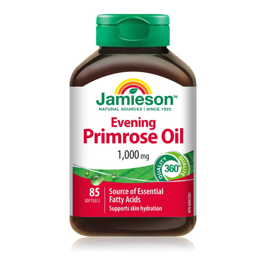 Jamieson Evening Primrose Oil 1,000 mg, Omega-6, Supports Skin Hydration, Skin Smoothness, Reduces Acne Symptoms, and Provides Ezcema Symptom Support. Non-GMO, Gluten-Free, 85 Softgels, Proudly Canadian 🍁 All In One Marketplace Canada