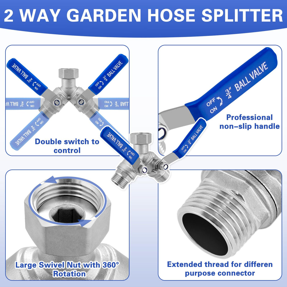 Garden Hose Splitter 2 Way, 304 Stainless Steel Heavy Duty Water Hose Splitter with Long Handle, 3/4" GHT Thread Y Valve Water Garden Hose Tap Adapter, Full Flow Water Splitter Connector 🍁 All In One Marketplace Canada