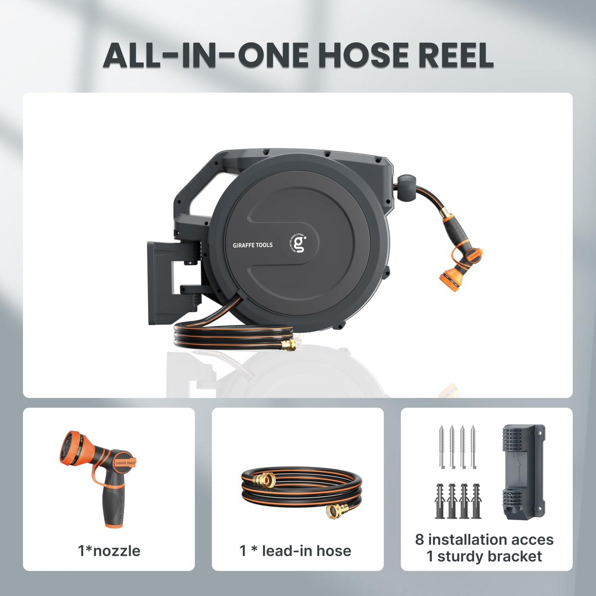 Giraffe Tools Garden Hose Reel Retractable 1/2" x 100 ft Wall Mounted Water Hose Reel Automatic Rewind, Any Length Lock, 100ft, Dark Grey AW30 🍁 All In One Marketplace Canada