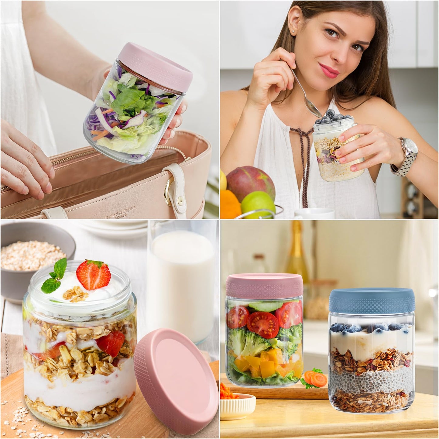 16 OZ Overnight Oats Jar,6 Pack Glass Jar with Lid and Spoon,Reusable Wide Mouth Mason jars for Overnight Oats,Yogurt Snacks Fruit, Salad Dressing, Sauce,Cereal-Leak Proof(500 ml) 🍁 All In One Marketplace Canada