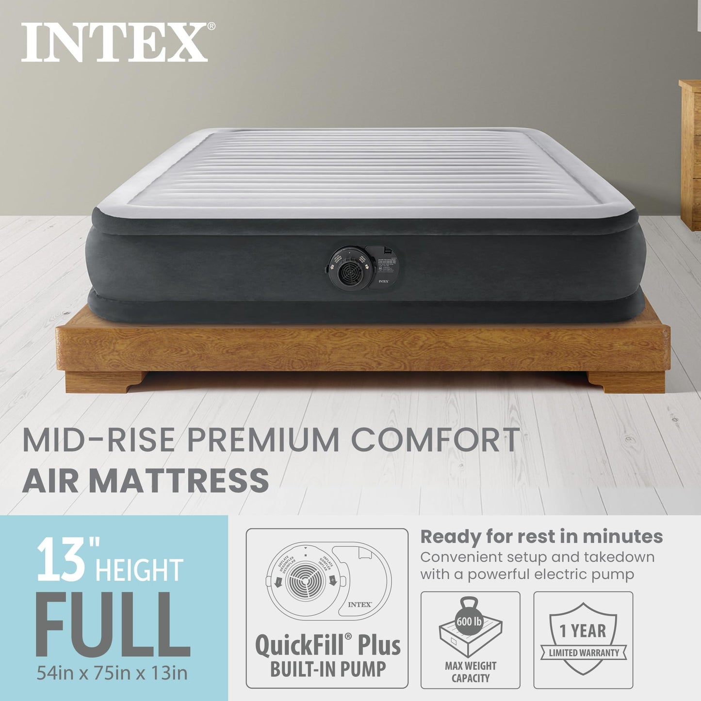 INTEX 67767ED Dura-Beam Deluxe Comfort-Plush Mid-Rise Air Mattress: Fiber-Tech – Full Size – Built-in Electric Pump – 13in Bed Height – 600lb Weight Capacity 🍁 All In One Marketplace Canada