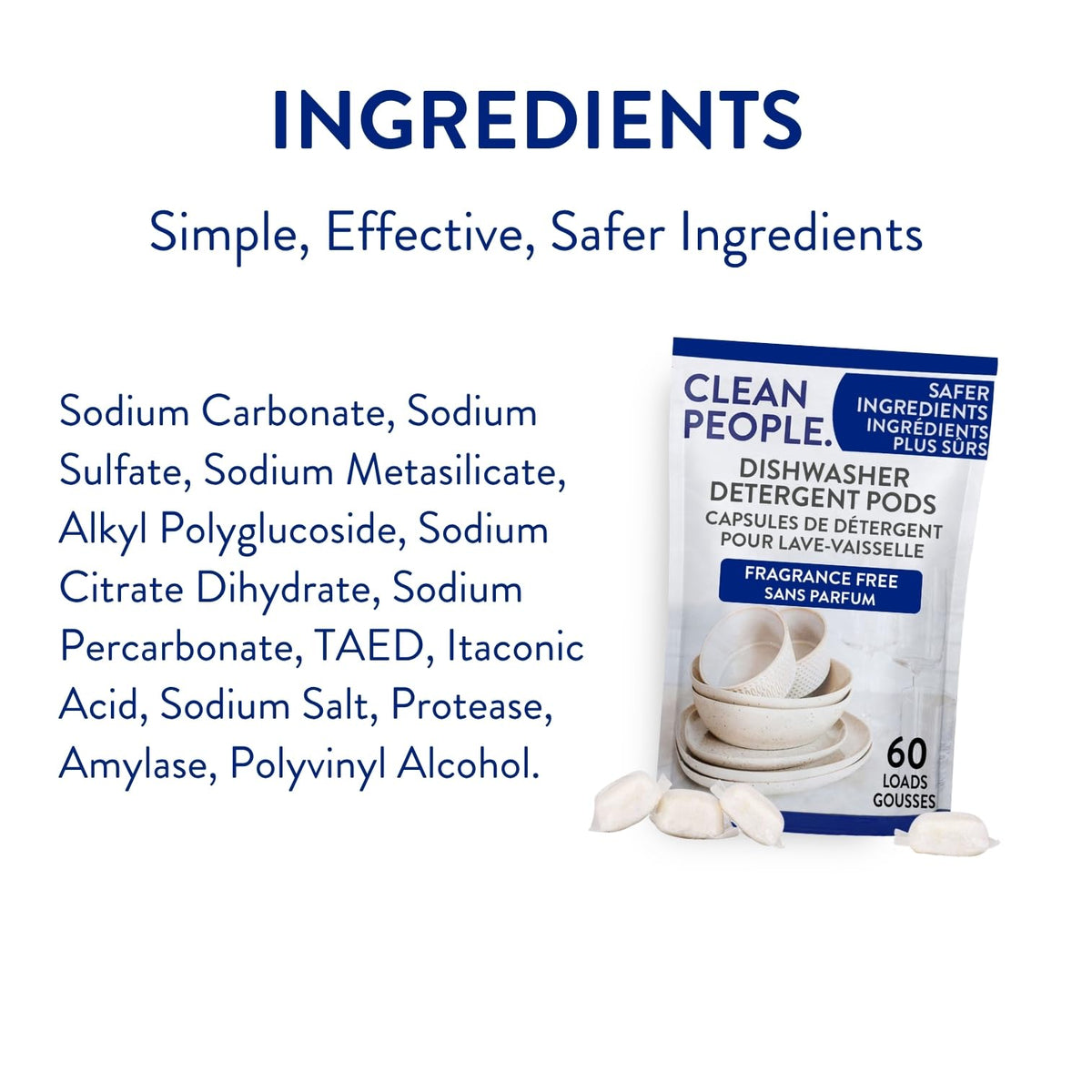 Clean People All Natural Dishwasher Pods - Cuts Grease & Rinses Sparkling Clean - Residue-Free - Phosphate Free Dishwashing Pods - Fragrance Free, 60 Pack 🍁 All In One Marketplace Canada