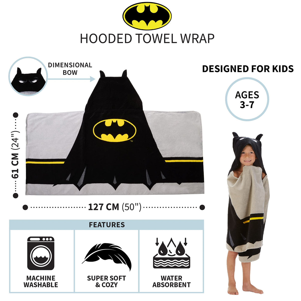 Batman Kids Bath/Pool/Beach Super Soft Cotton Terry Hooded Towel Wrap, 24" x 50", (Officially Licensed Product) By Franco 🍁 All In One Marketplace Canada