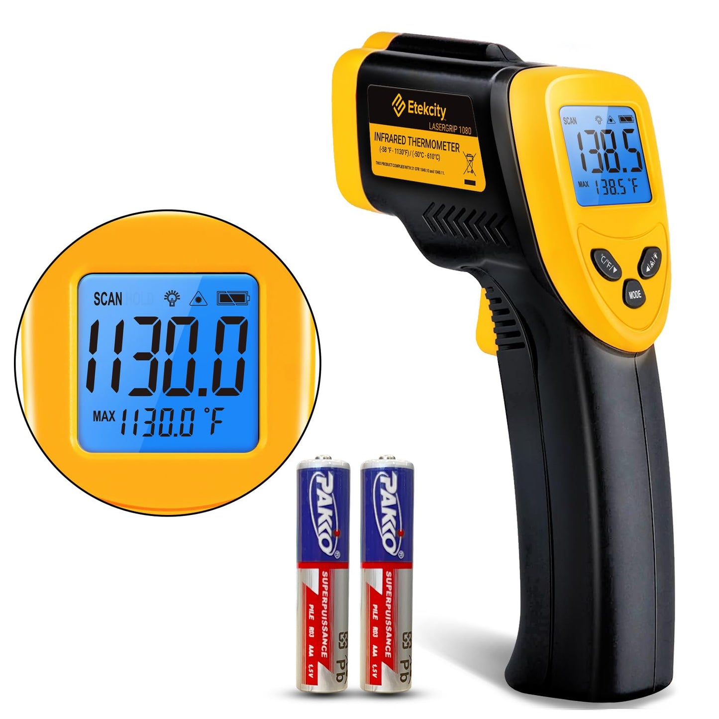 Etekcity Lasergrip 1080 Laser Thermometer Digital Infrared Thermometer Temperature Gun for Kitchen Cooking BBQ Grill and Bath Water, -58℉~1130℉ (-50℃～610℃), Yellow and Black 🍁 All In One Marketplace Canada