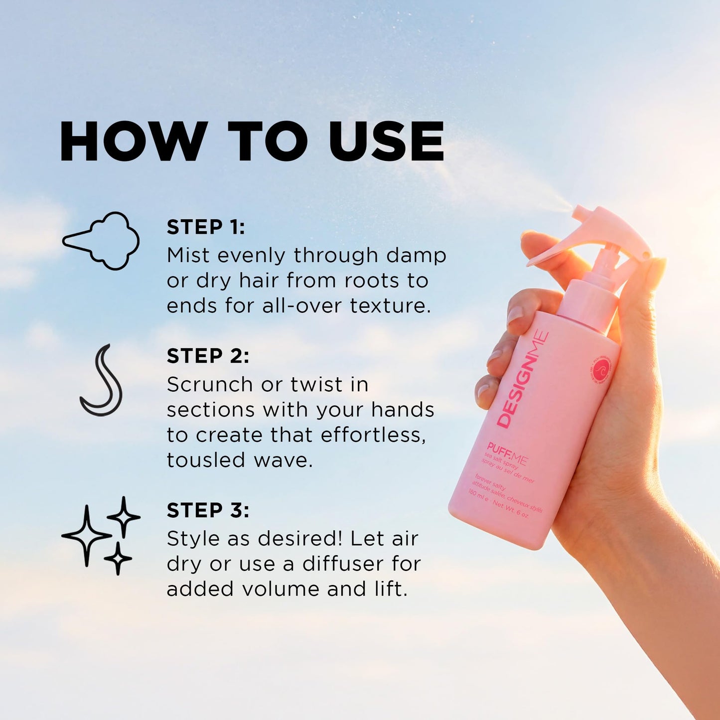 DESIGNME PUFF.ME Sea Salt Spray | Sea Salt Texture Spray for Beach Waves, Volume & Tousled Texture | Soft Hold, Lightweight Hydration & Non-Drying Sea Salt Hair Spray for Women 🍁 All In One Marketplace Canada