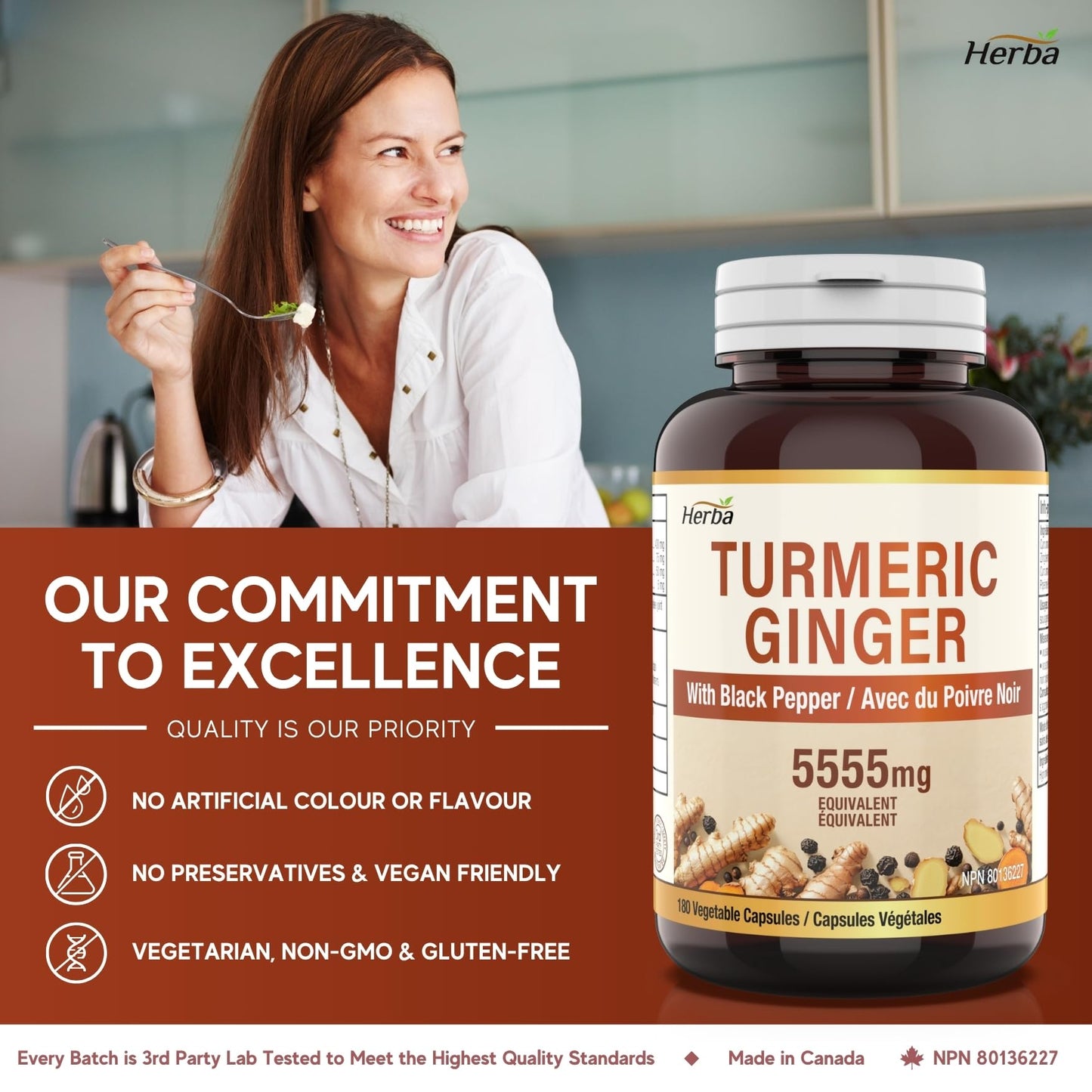 Herba Turmeric Supplements for Inflammation with Black Pepper and Ginger - 180 Capsules | 5,555mg Equiv. with 95% Turmeric Curcumin Supplements with Black Pepper | Joint Pain Relief | Made in Canada 🍁 All In One Marketplace Canada