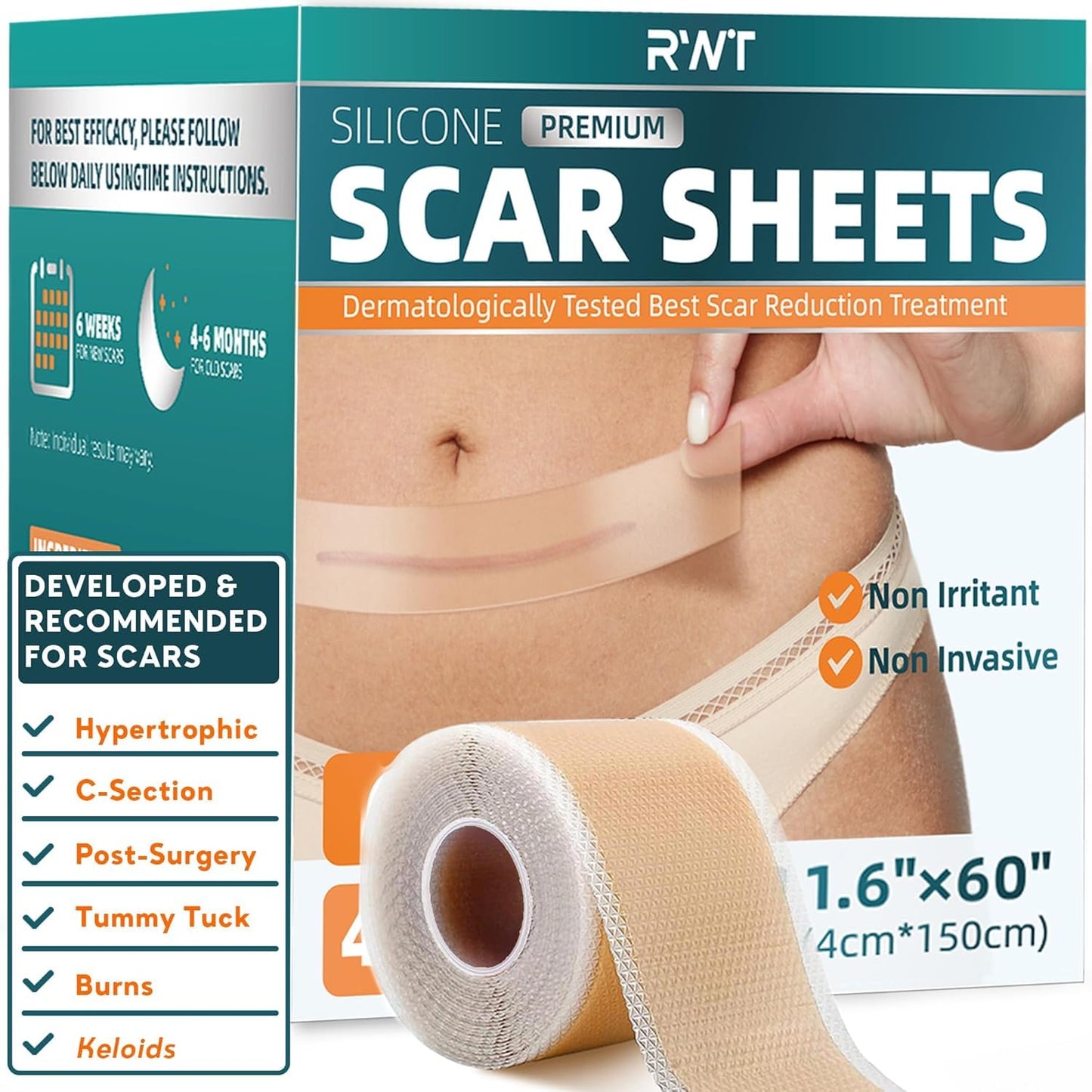 Silicone Scar Sheets, Silicone Scar Tape for Surgical Scars - 60" x 1.6" Roll - 1.5M, Medical Grade Reusable Scar Removal for Keloid, C-Section, and Tummy Tuck 🍁 All In One Marketplace Canada