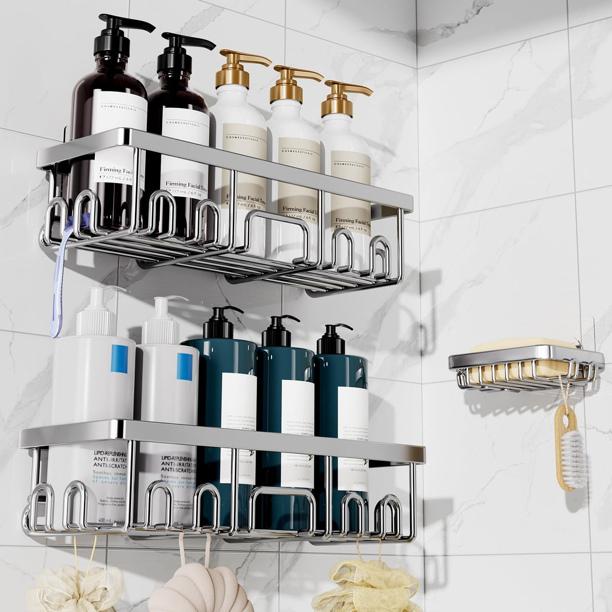 Veken Large Capacity Shower Caddy 3-Pack, No Drilling Adhesive Rack with Soap Holder, Rustproof & Waterproof Shelves, Bathroom Organizers and Storage, Wall-Mounted Kitchen & Home Decor, Silver 🍁 All In One Marketplace Canada