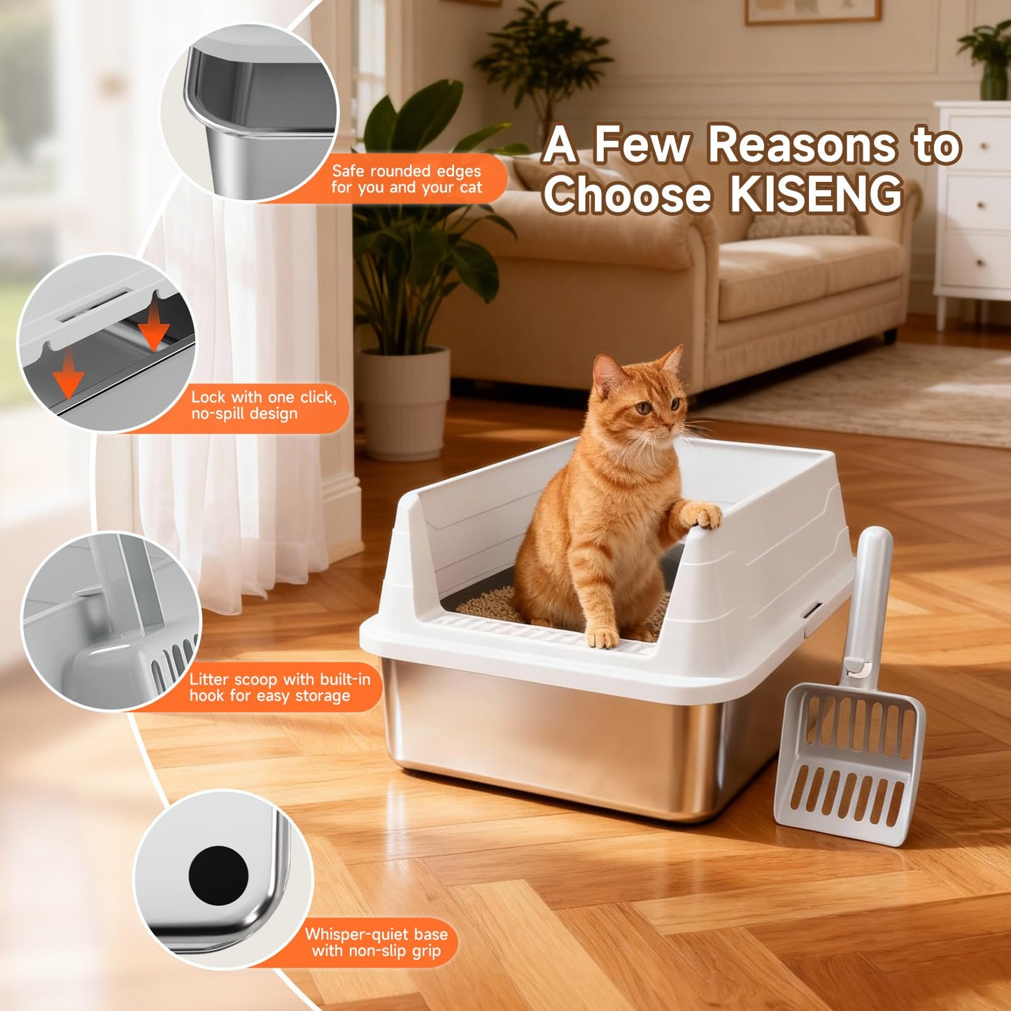 Stainless Steel Cat Litter Box, Odor Free Metal Litter Box with High Sides Lid, Open Top Low Entry Litter Pan Include Scoop Easy Cleaning Anti-Scratch Kitty Cat Box Anti-Urine Leakage, Non-Sticky 🍁 All In One Marketplace Canada