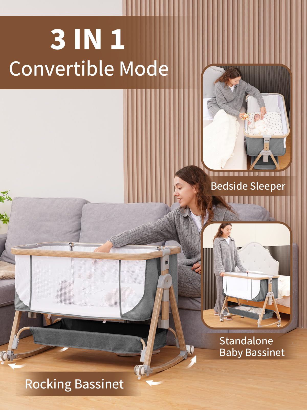Baby Bassinet Bedside Sleeper - 3 in 1 Bassinets with Waterproof Sheets, Soft Mattress and Breathable Mesh, Adjustable Height Bedside Bassinet for Baby with Wheels, Storage Basket, Gray 🍁 All In One Marketplace Canada