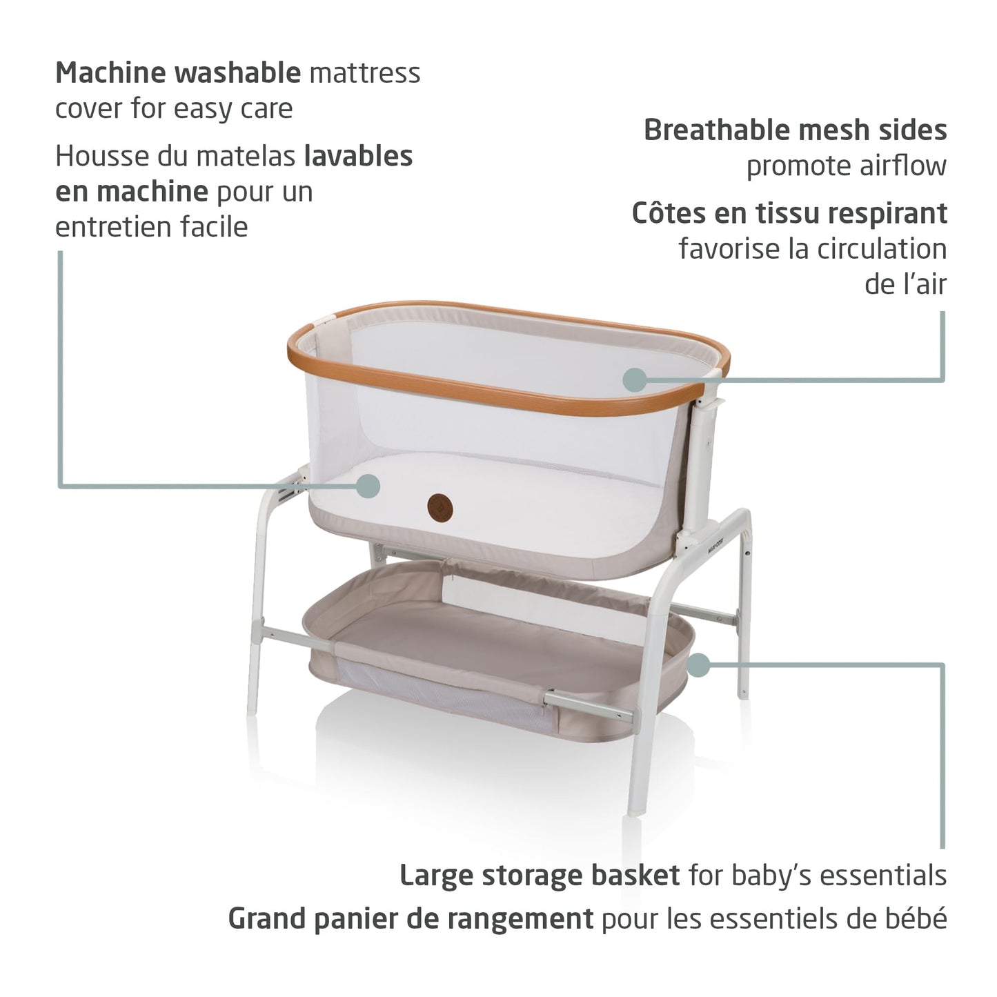 Maxi-Cosi Iora Bedside Bassinet , infant bedside sleeper crib, 4 height positions, portable & folds flat, large storage basket, includes travel bag, Horizon Sand 🍁 All In One Marketplace Canada