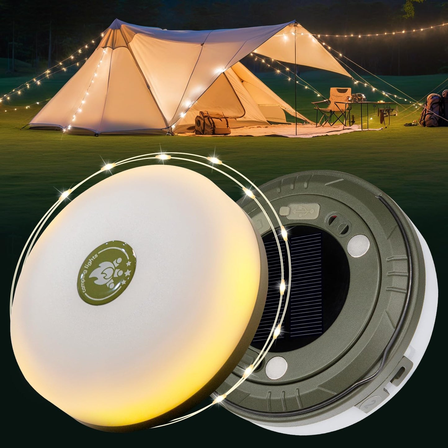 HAMLITE Solar Camping String Lights: 4 in 1 Camping Fairy Light - 32.8Ft Camping Lights with 5 Modes - USB Outdoor String Lights Rechargeable - Waterproof Retractable String Light for Hiking, Tent, RV 🍁 All In One Marketplace Canada