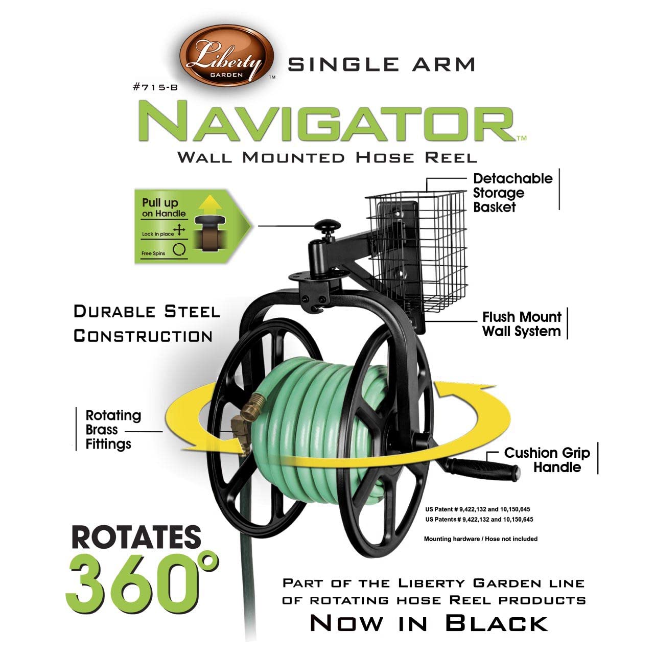 Liberty Garden 712-B Single Arm Navigator Multi-Directional Garden Hose Reel, Holds 125-Feet of, 5/8-Inch, Black, Height: 22.00", Width: 20.25", Depth: 18.6", Weight: 12.50 lbs 🍁 All In One Marketplace Canada
