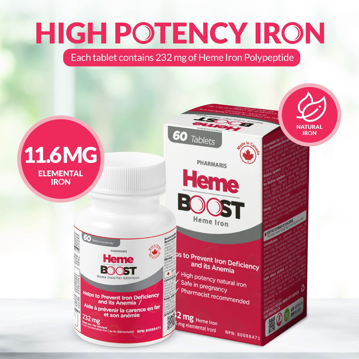Hemeboost 232mg Heme Iron Supplements Polypeptide, (11.6mg Elemental Iron), Prevents Iron Deficiency & Anemia, Better Absorption, Well-Tolerated, Safe for Pregnancy, 60 Tablets 🍁 All In One Marketplace Canada