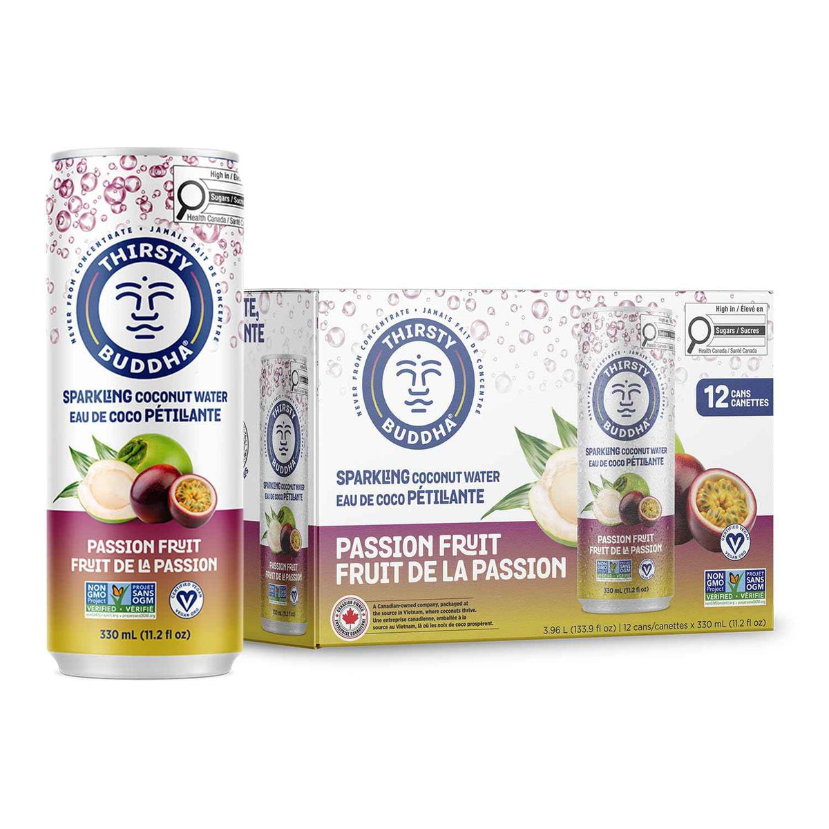 THIRSTY BUDDHA Sparkling Coconut Water with Passion Fruit, No Added Sugar, Pure Coco Drink, Natural Fruit Flavour, Electrolyte & Nutrient-Rich, 12 Pack, (12/330ml) 🍁 All In One Marketplace Canada