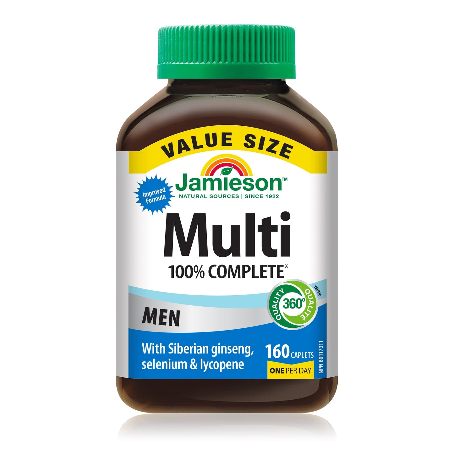Jamieson 100% Complete Multivitamin for Men, with Siberian Ginseng, Lycopene and Selenium. Supports Eye Health, Energy, Immunity, and Everyday Health, Gluten-Free, One Per Day, 160 Caplets 🍁 All In One Marketplace Canada