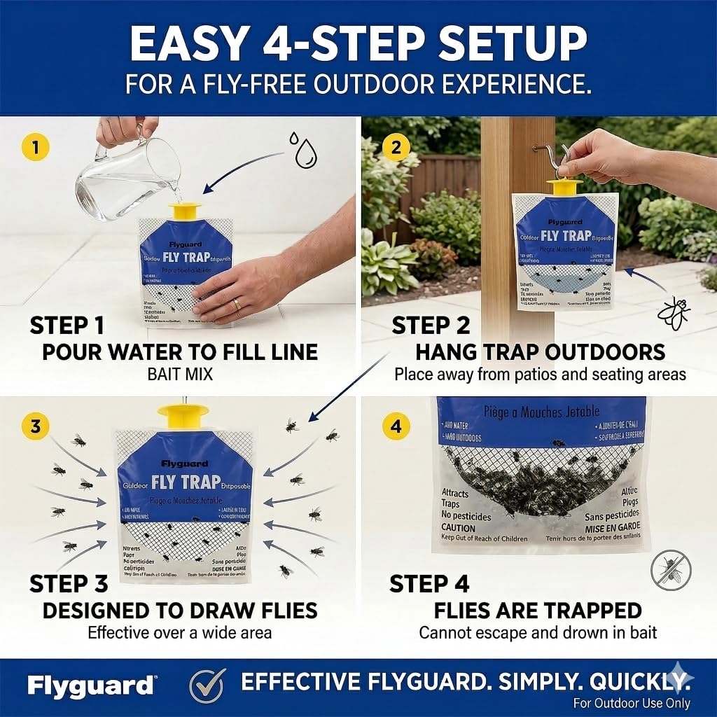 Flyguard 5-Pack Disposable Hanging Fly Trap Bag – Outdoor Odor-Free Insect Catcher for Patios, Gardens, Farms, and Campsites – Eco-Friendly, Pet Safe, No Electricity Required (Hang Style) 🍁 All In One Marketplace Canada