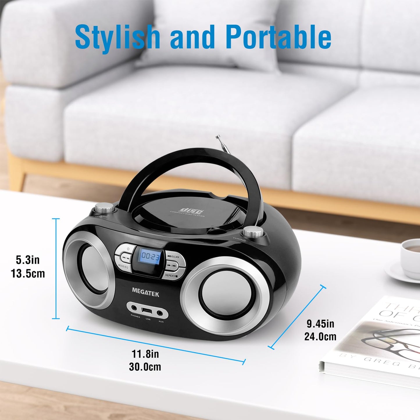 MEGATEK Portable CD Player Boombox with FM Radio, Bluetooth, USB Port, AUX Input, and Headphone Jack – CD-R/CD-RW/MP3-CD Compatible, Clear Stereo Sound, Backlit LCD Display – Black 🍁 All In One Marketplace Canada