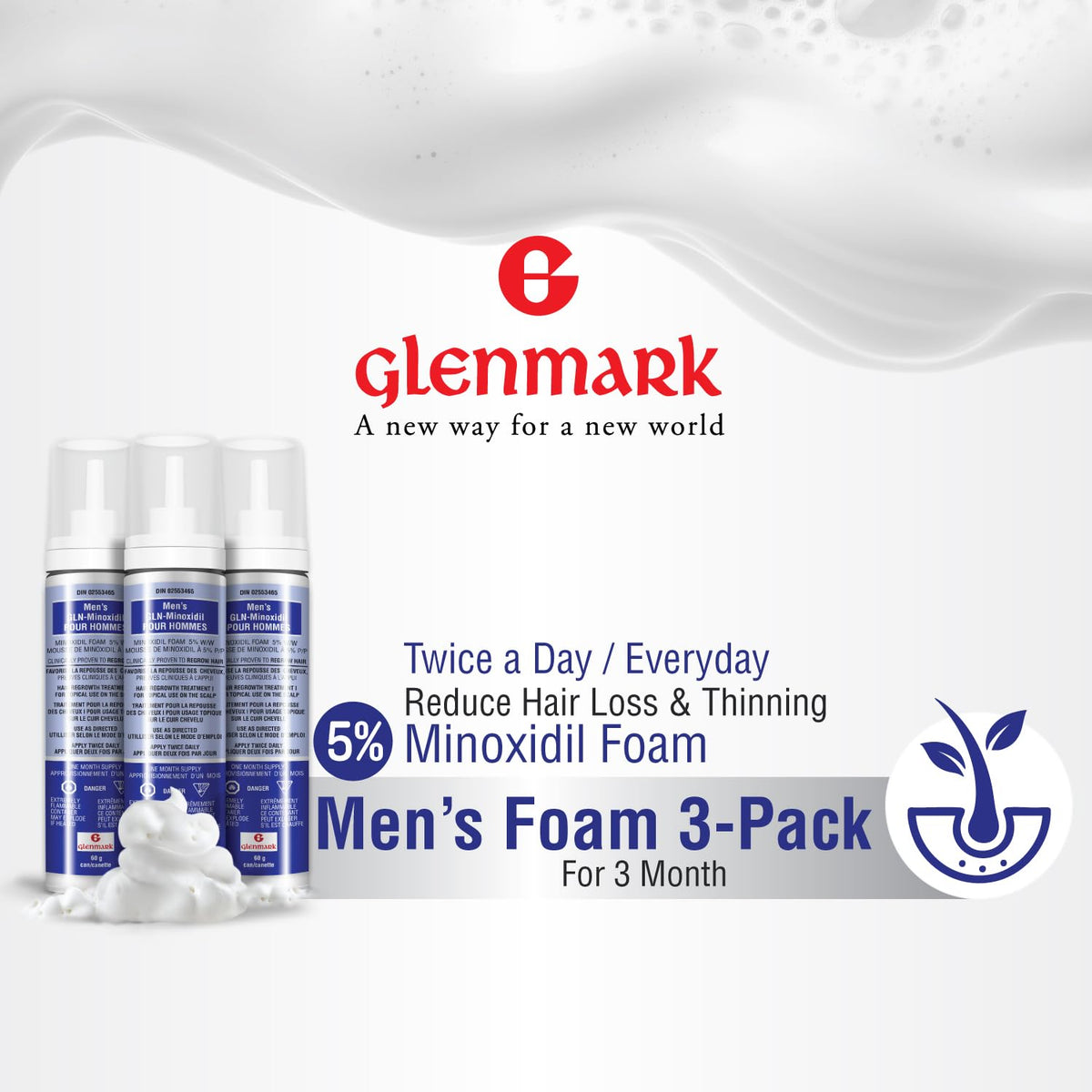 Glenmark | Minoxidil 5% Hair Regrowth Foam for Men, Aerosol Can, 3 Month Treatment (180 gr) – Mess-Free, Fast-Drying Formula for Thinning Hair & Hair Loss – Reactivates Follicles 🍁 All In One Marketplace Canada
