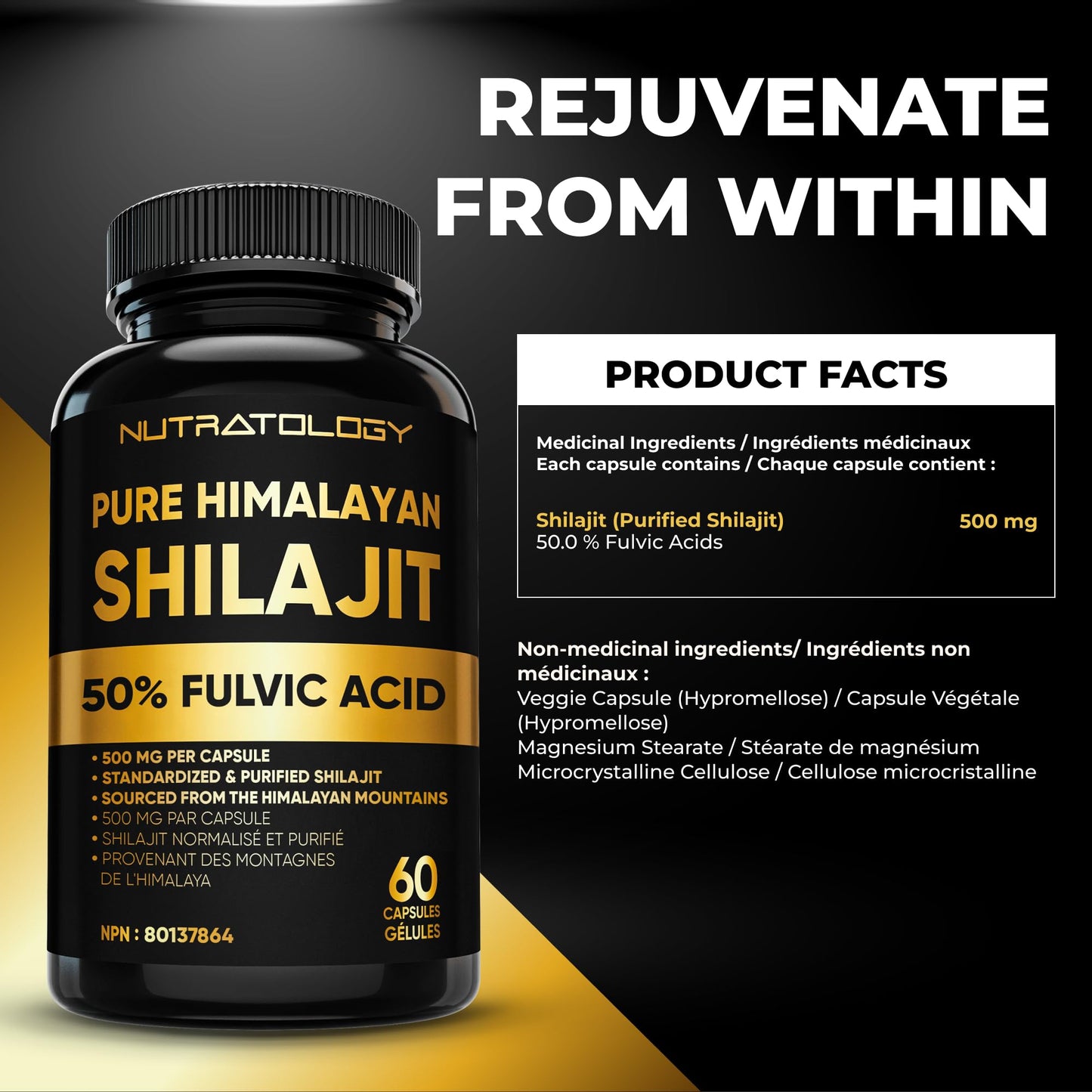 Nutratology® Pure Shilajit Capsules | 50% Fulvic Acid | High Potency & Purity - Sourced from the Himalayan Mountains - Shilajit for Men & Women - 60 Count 🍁 All In One Marketplace Canada