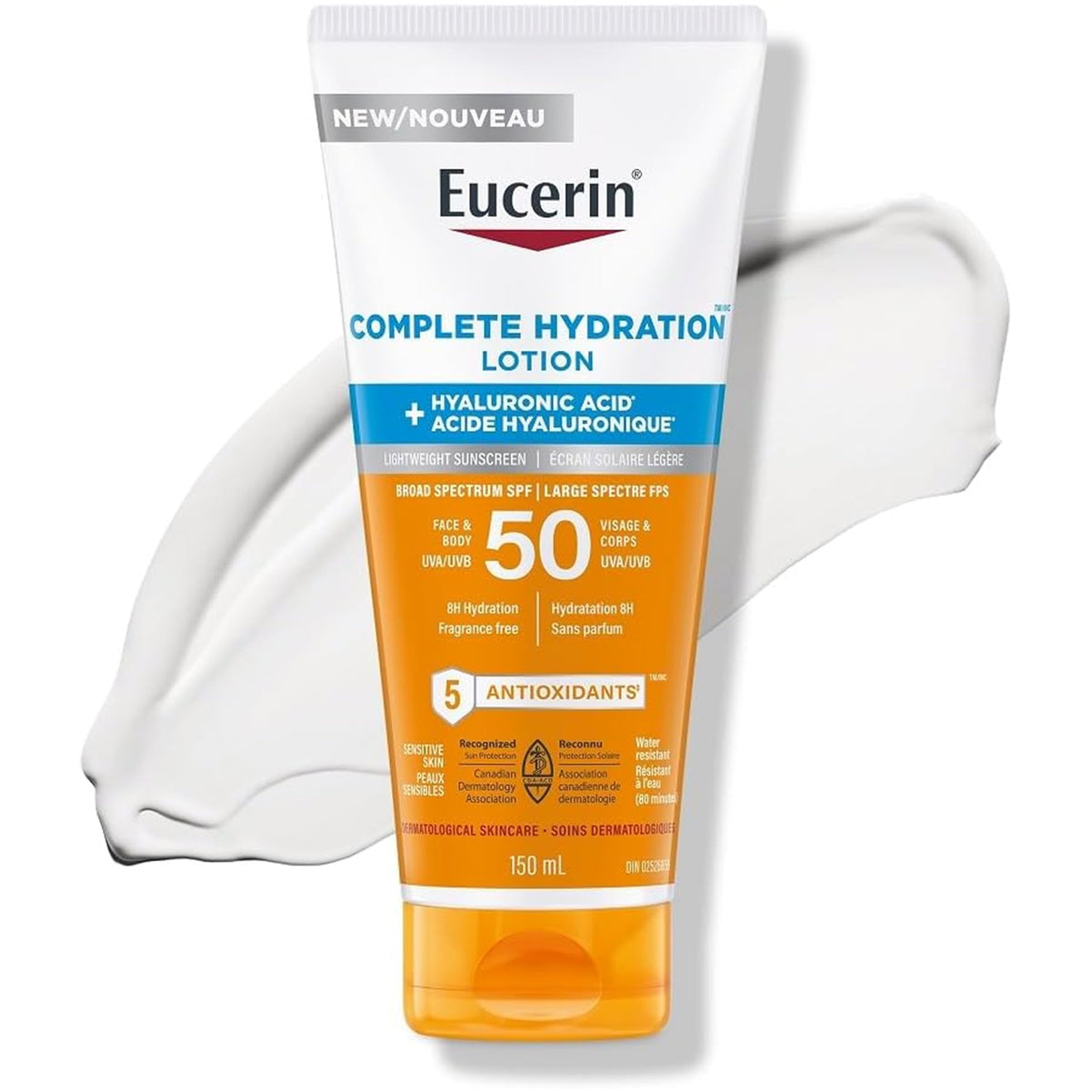 Eucerin Sun Complete Hydration Sunscreen, Daily Face Sunscreen SPF 50 with Hyaluronic Acid and Antioxidants, Hypoallergenic Body SPF 50 Lotion with UVA-UVB Sun Protection, Fragrance Free & Water-Resistant, Suitable for Sensitive Skin, 150 ml Tube