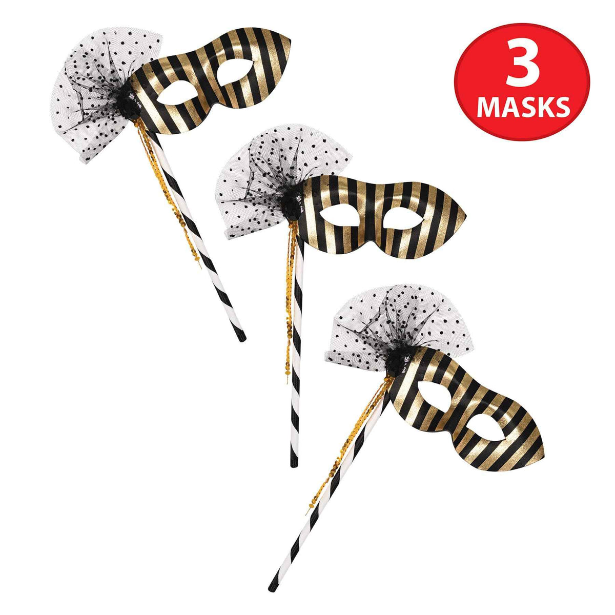 Beistle 3 Piece 12.5" x 8.25" Mardi Gras Party Masks with Sticks, Halloween Costume Accessories