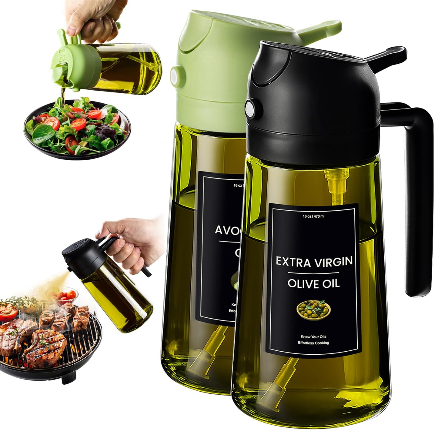 CXINYI 16oz/470ml Olive Oil Dispenser Bottle with Stickers - 2 in 1 Olive Oil Spray Bottle, Air Fryer & Salad, Light-Proof Glass Kitchen Gadgets, Black&Green 🍁 All In One Marketplace Canada