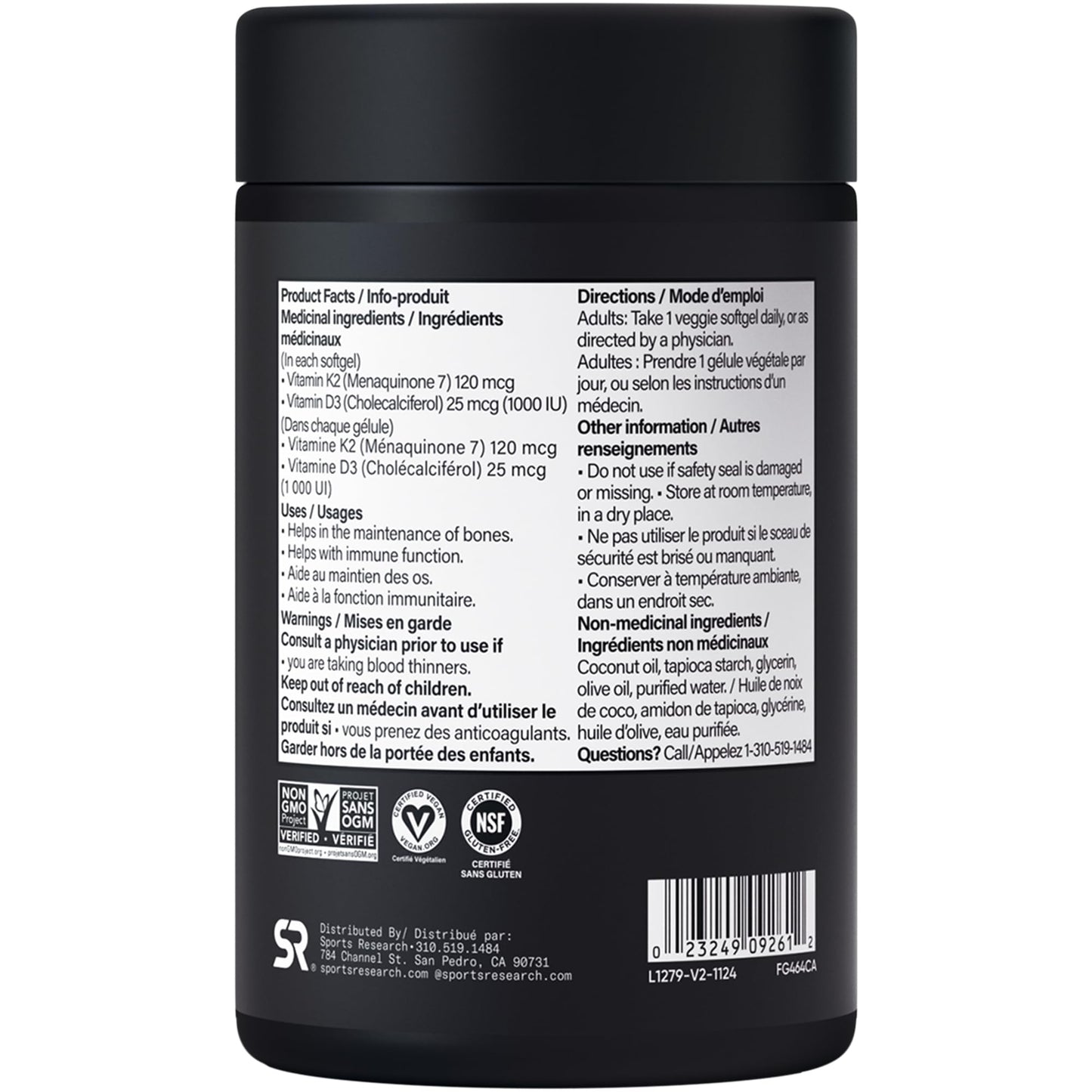 Sports Research® Vitamin D3 + K2 w/Coconut MCT Oil - Vegan Vitamin D 1000iu (25mcg) & Mk-7 Vitamin K 120mcg - Vegan Certified · Non-GMO · Soy Free - 90 Softgels 🍁 All In One Marketplace Canada