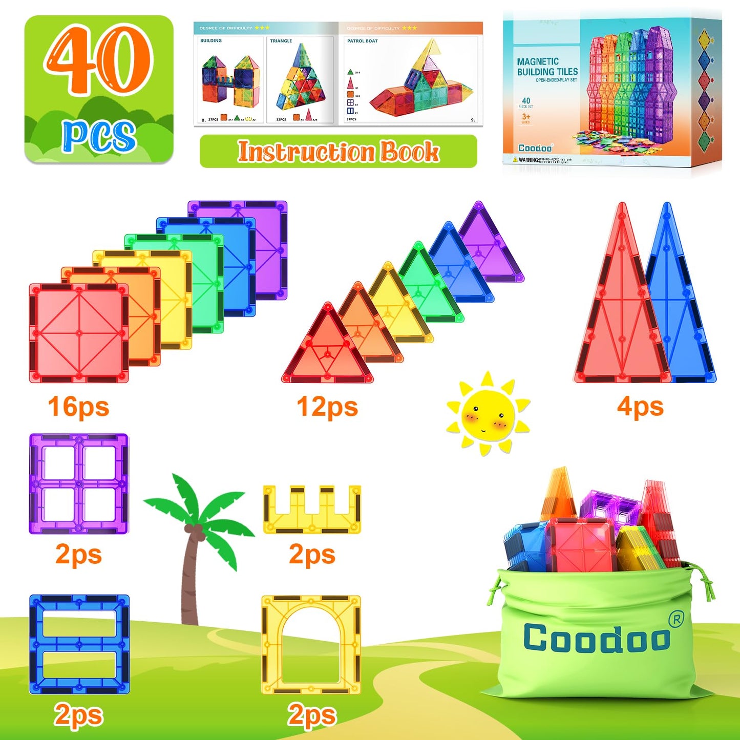 Magnetic Tiles Kids Toys STEM Magnet Toy for Toddler Magnetic Blocks Building Preschool Learning Sensory Montessori Toys for 3+ Year Old Boys and Girls, Safe Creativity Toddler Kids Toy 40PCS 🍁 All In One Marketplace Canada