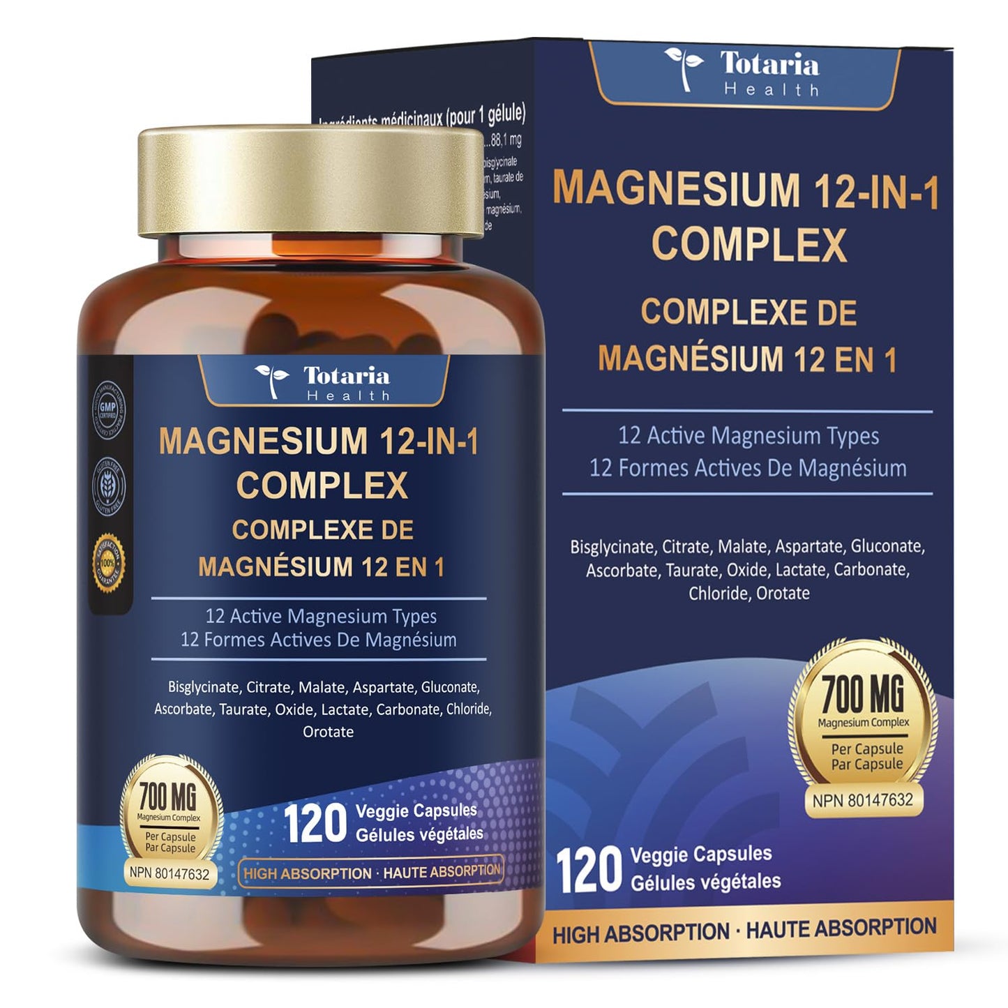 Totaria Magnesium Complex 700mg 12 in 1 Magnesium Supplement with Glycinate Citrate Malate Oxide Taurate Aspartate Orotate Magnesium Relaxation,Muscle,Heart Support, Vegan 120 Capsules 🍁 All In One Marketplace Canada