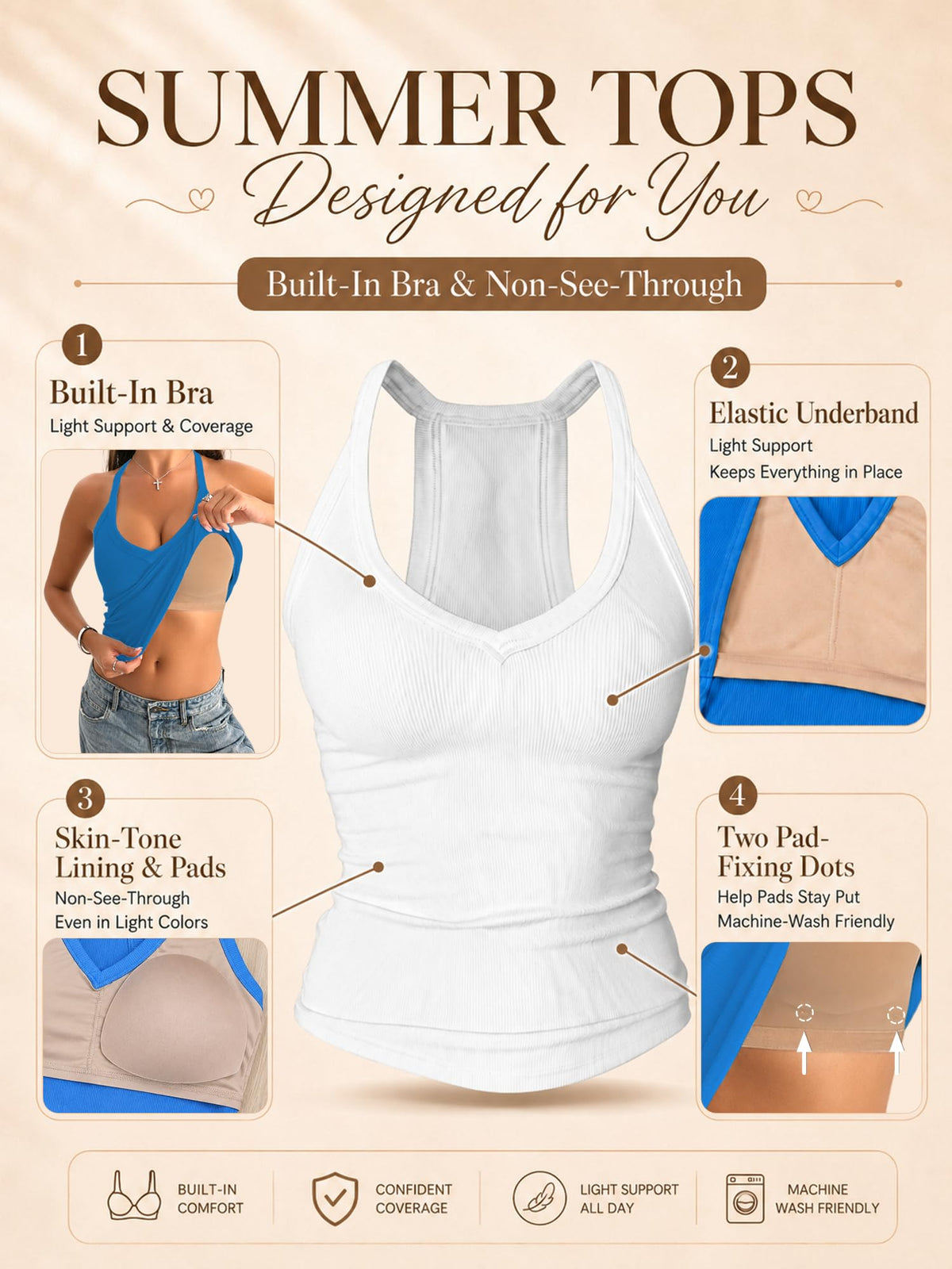 Danysu V Neck Cotton Tank Tops with Built-in Shelf Bra Sleeveless Racerback Fitted Basic Cami Shirts Bright White S 🍁 All In One Marketplace Canada