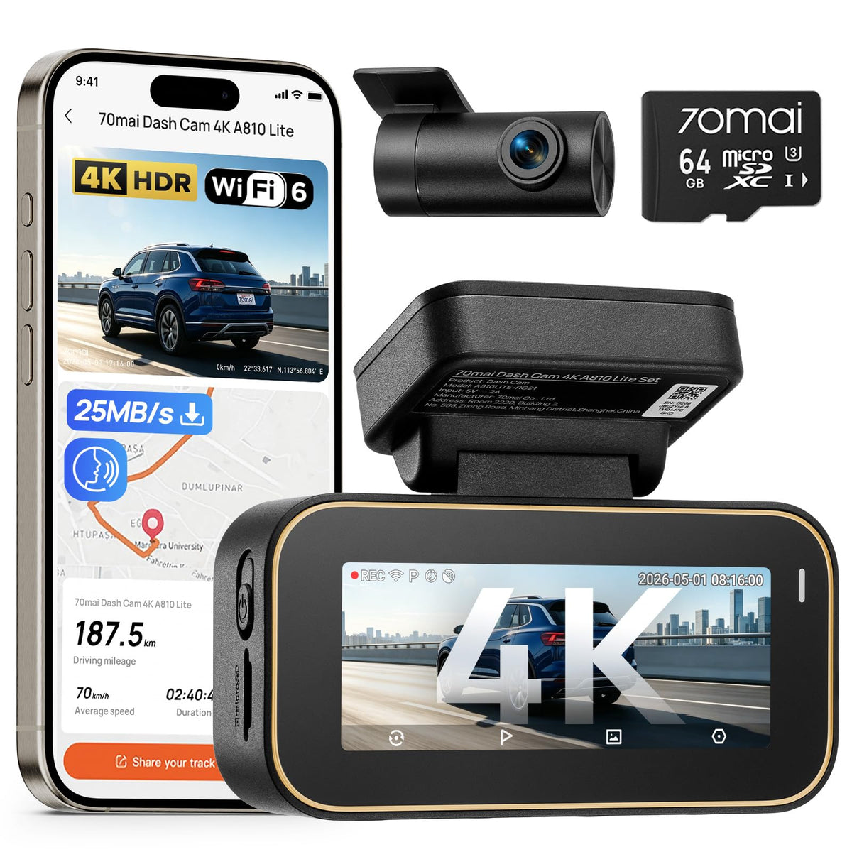 70mai A810 Lite 4K Dash Cam Front and Rear, 5GHz WiFi 6 DashCam, Car Camera with GPS Tracking, HDR Night Vision, 24H Parking Mode, Voice Control, Emergency Lock, Loop Recording, Support 512GB Max 🍁 All In One Marketplace Canada