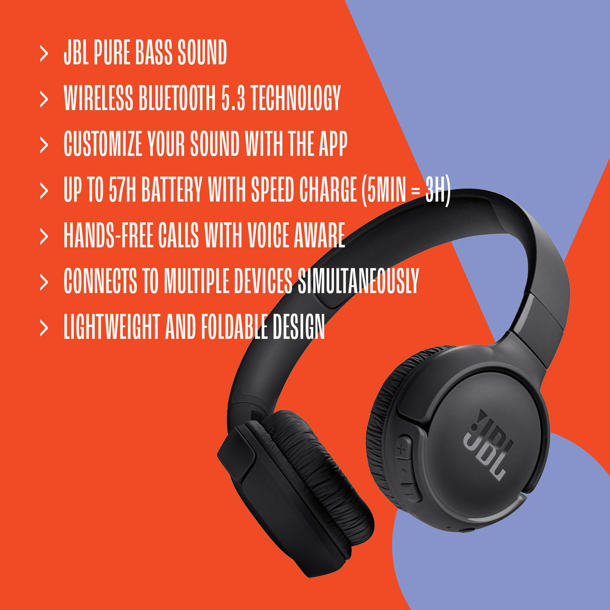 JBL Tune 520BT - Wireless On-Ear Headphones, Up to 57H Battery Life and Speed Charge, Lightweight, Comfortable and Foldable Design, Hands-Free Calls with Voice Aware (Purple) 🍁 All In One Marketplace Canada
