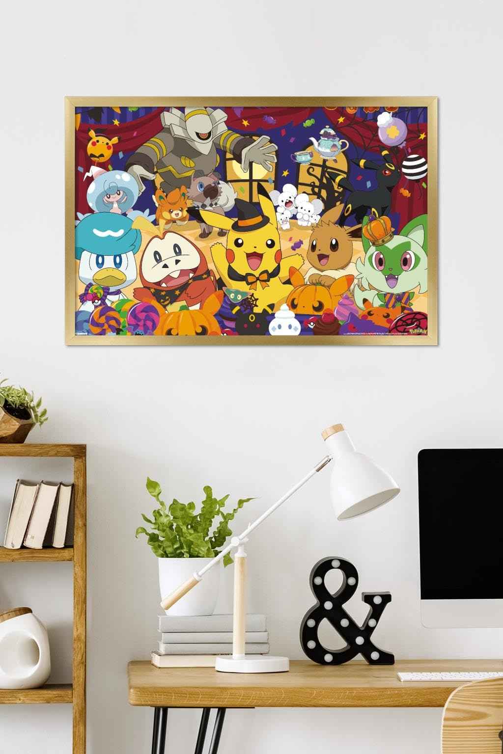 Pokémon: Halloween Party- Group Wall Poster, 34L" x 22.4W", Gold Framed Version