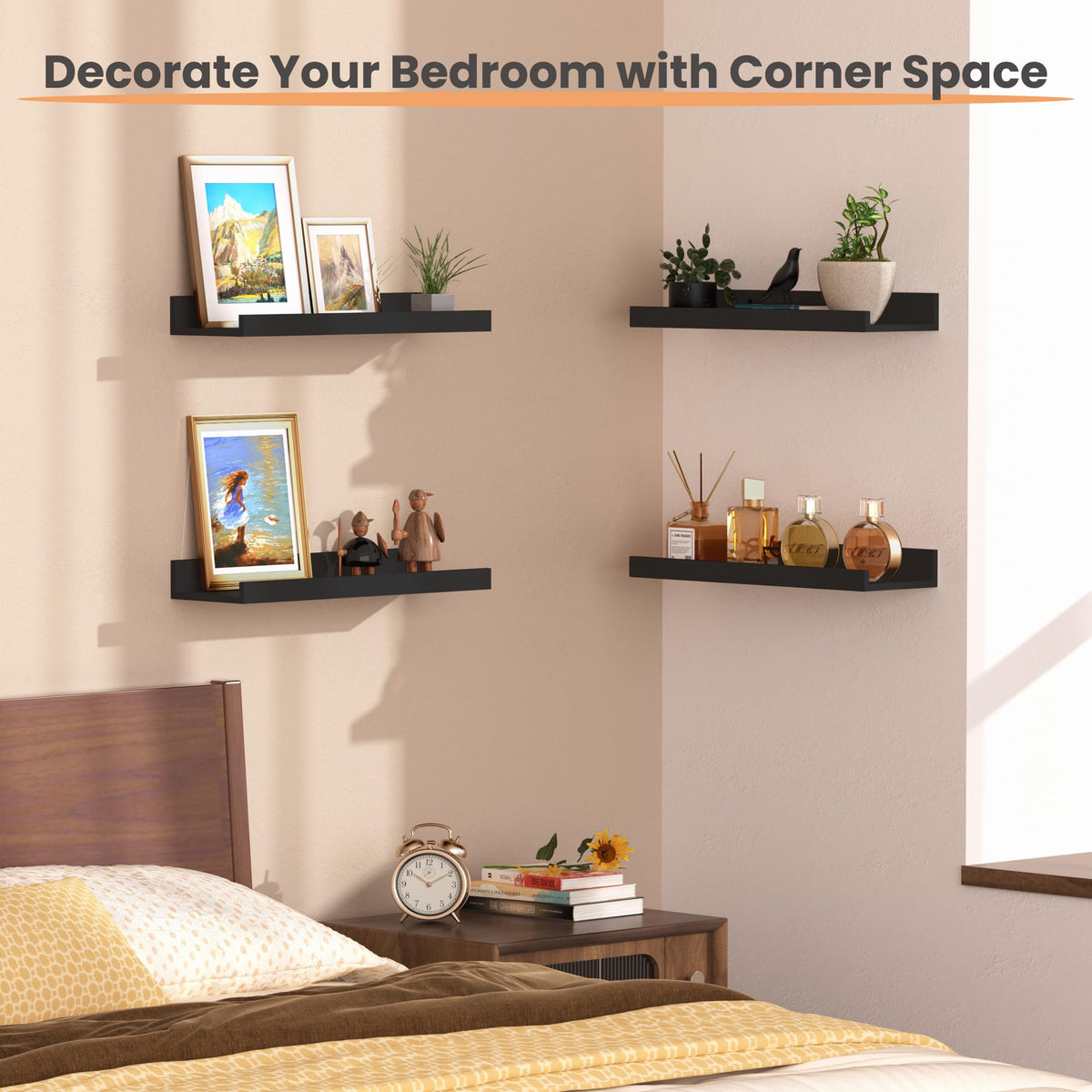 upsimples Floating Shelves for Wall, Decor Storage Set of 6, Wall Mounted Wood Shelves for Bedroom, Living Room, Bathroom, Kitchen, Picture Ledge Shelves, Black 🍁 All In One Marketplace Canada