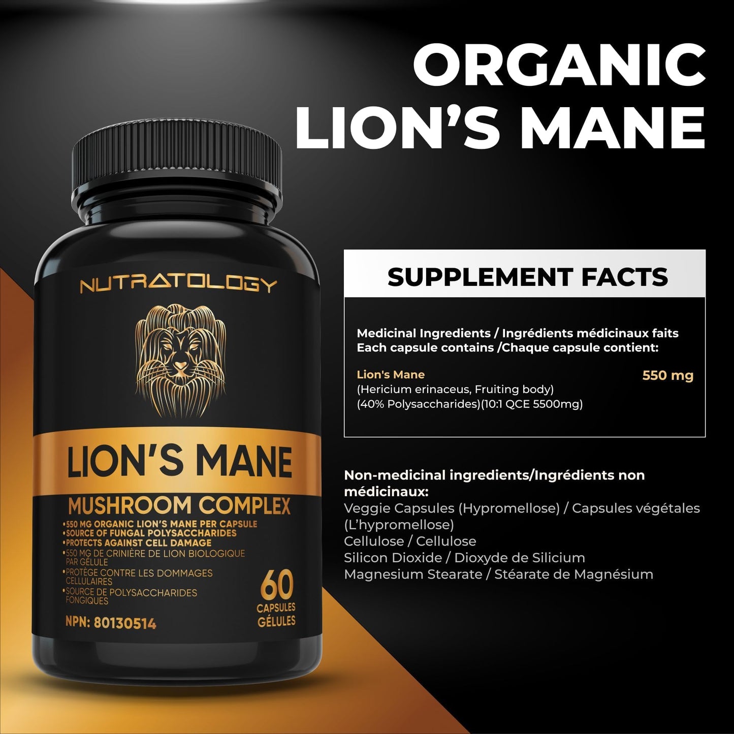 Nutratology® Organic Lion's Mane Mushroom Capasules - Nootropic Functional Mushroom Supplements Made With 40% Polysaccharides & >20% Beta-Glucan | Supports Memory, Cognition & Brain Health - 60 Count 🍁 All In One Marketplace Canada